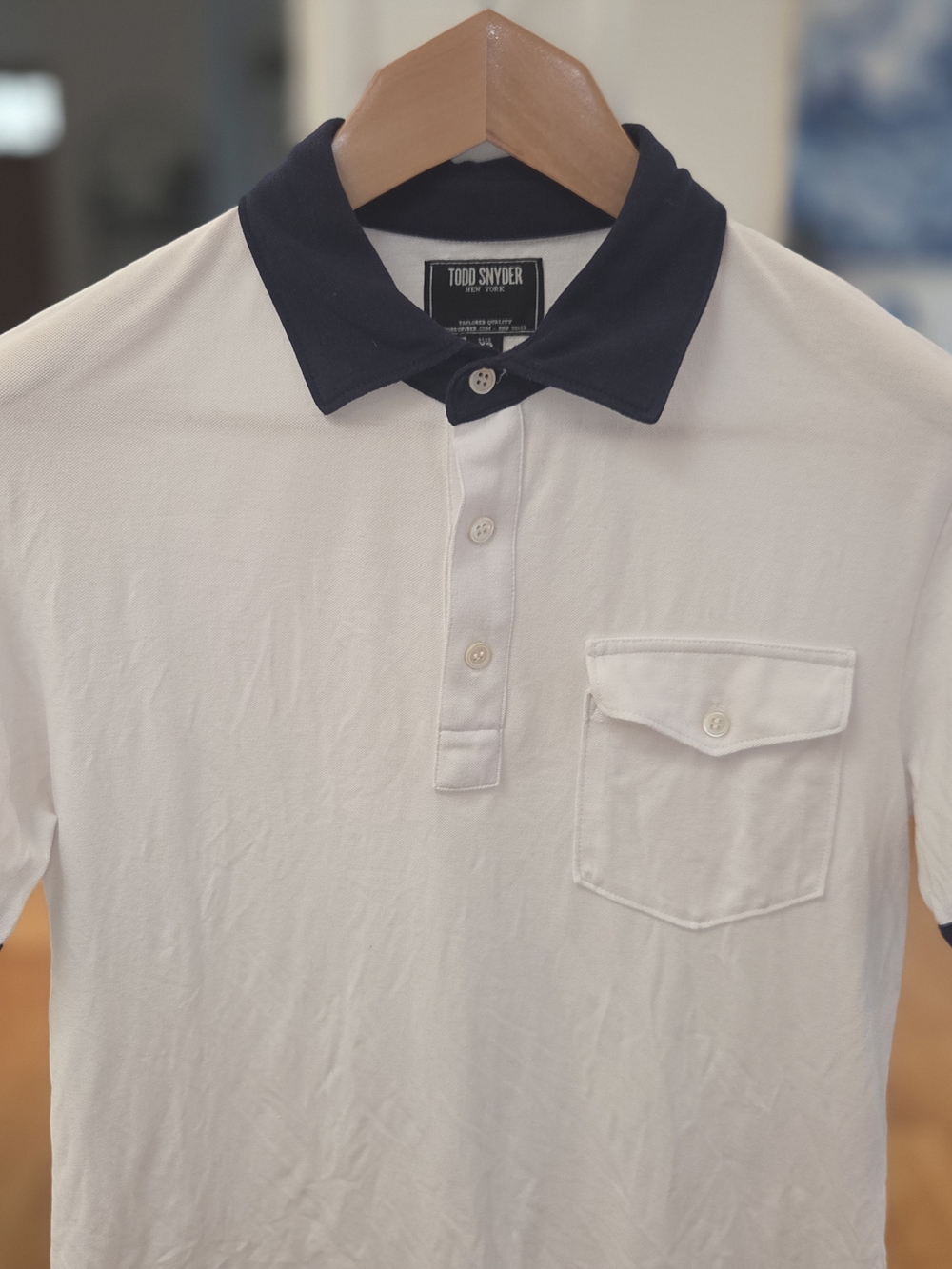 Todd Snyder Men's White Cotton Pique Polo with Navy Contrast Collar (XS)